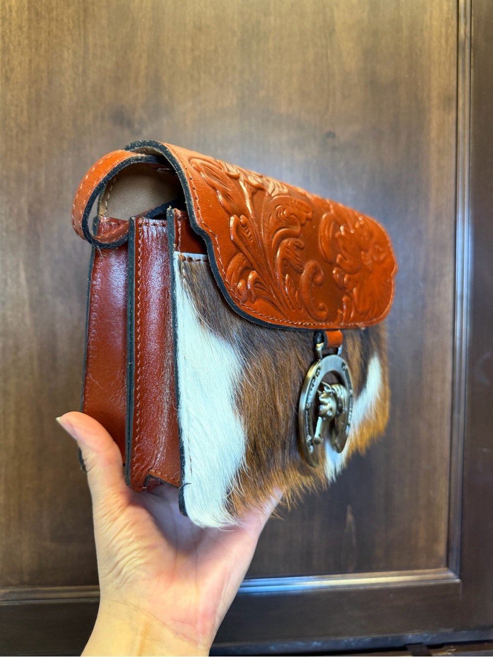 Patricia Nash Floral Tooled Leather & Cowhide Crossbody - Brown & White - Picture 2 of 5